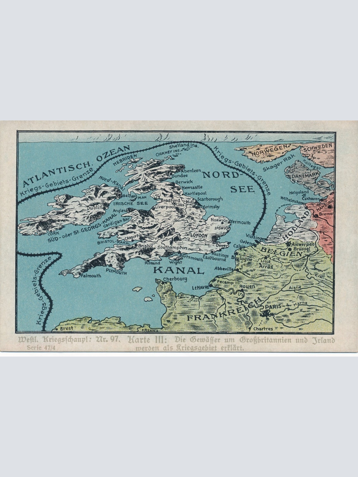AK die Gewässer um Großbritannien und Irland Kriegsgebiet Ansichtskarte (13773)
