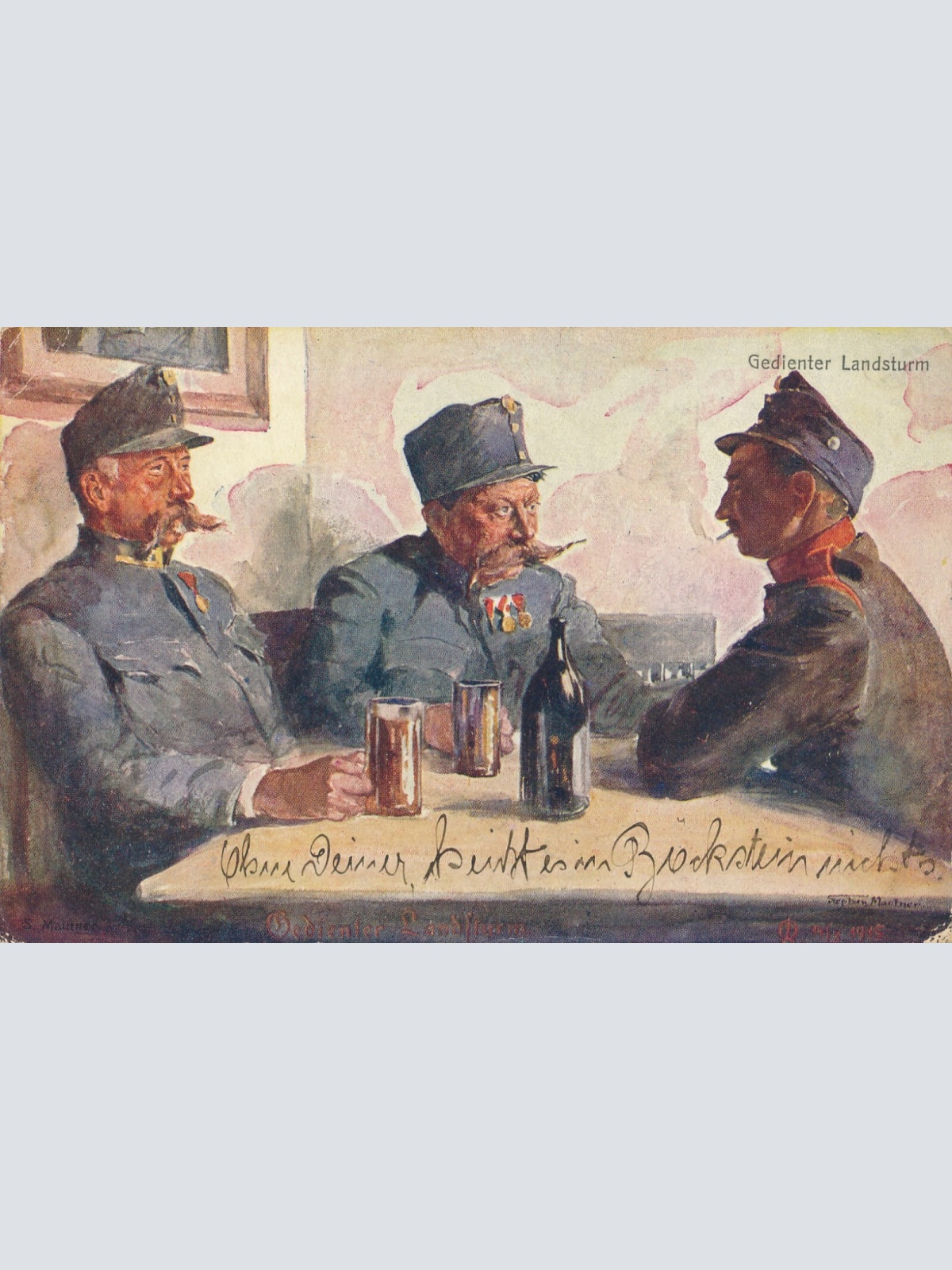 AK Gedienter Landsturm mit drei Soldaten beim Bier Ansichtskarte (13896)