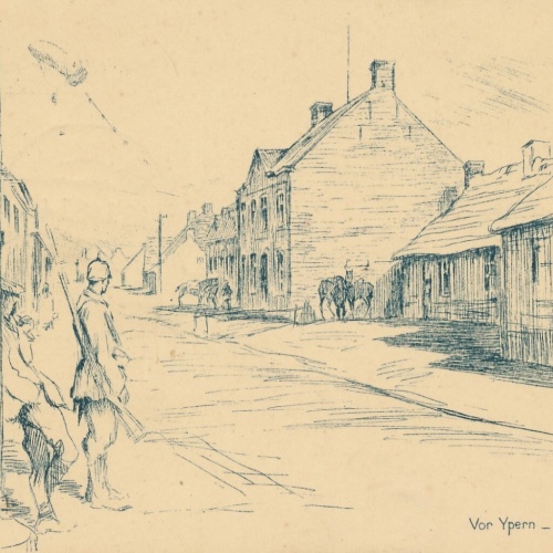 Künstler Karte vor Ypern - In Oostnieuwkerke mit Soldaten Ansichtskarte (13891)