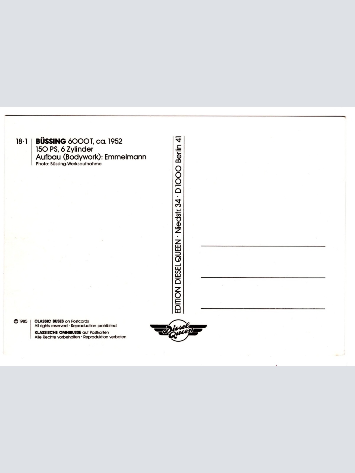 AK, Autobus, Büssing, 6000T Aufbau Emmelmann, Ansichtskarte (S5307)