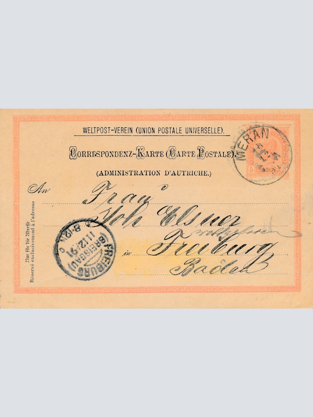 5 Kreuzer Ganzsachen - Karte 1891 aus Meran (14371)