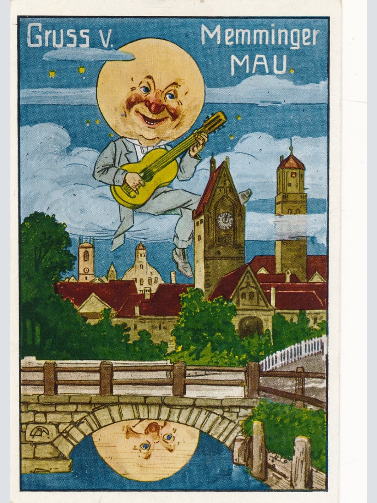 AK gruss vom Memmiger Mau mit Mondgesicht + Gitarre Bayern Ansichtskarte (14513)