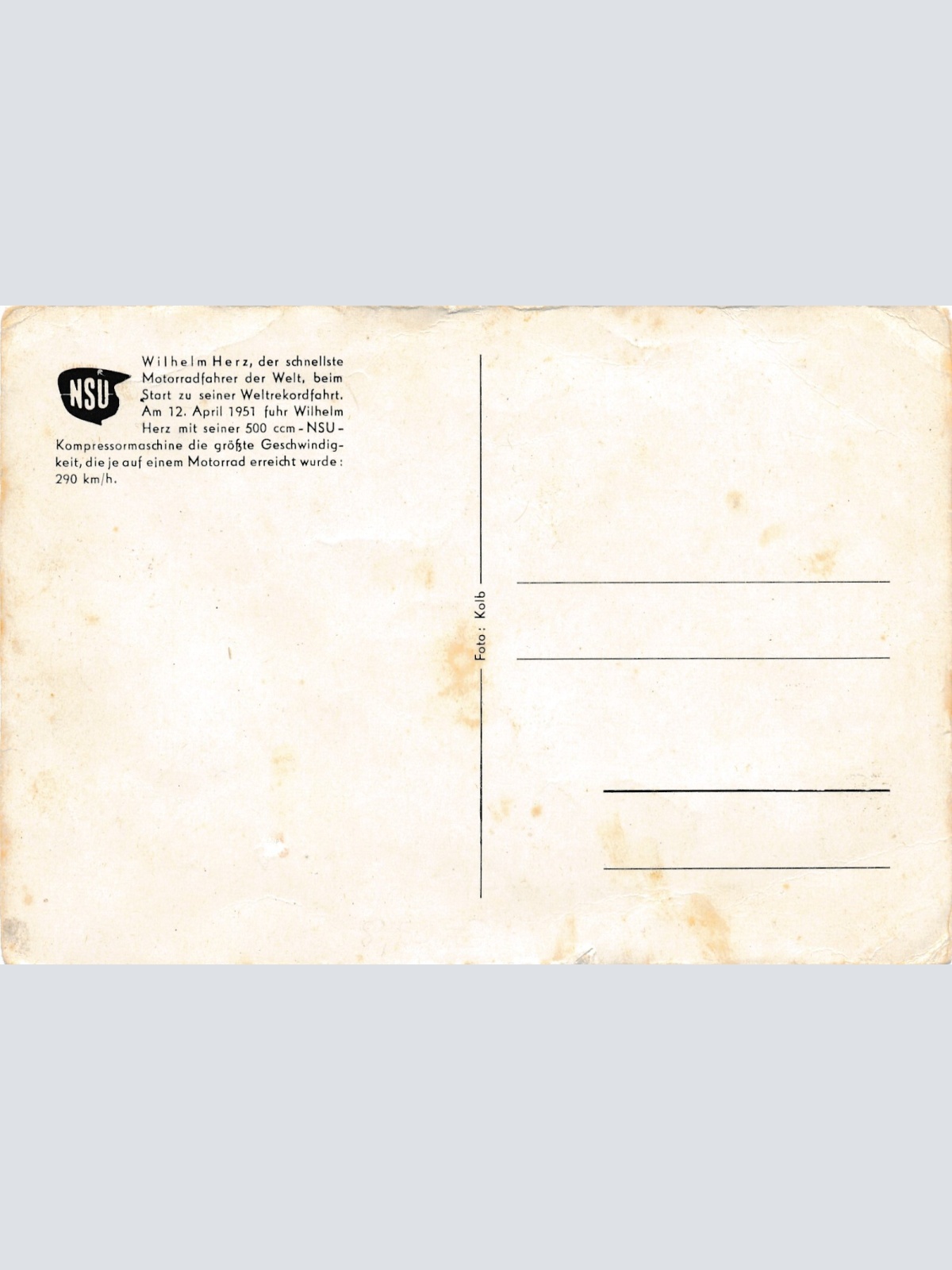 AK von einer 500 ccm NSU mit Wilhelm Herz Ansichtskarte (14385)
