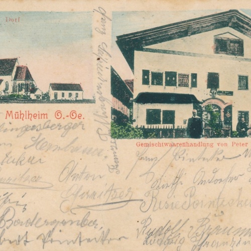 AK gruss aus Mühlheim mit Gemischtwarenhandl. Oberösterreich Ansichtskarte 15656