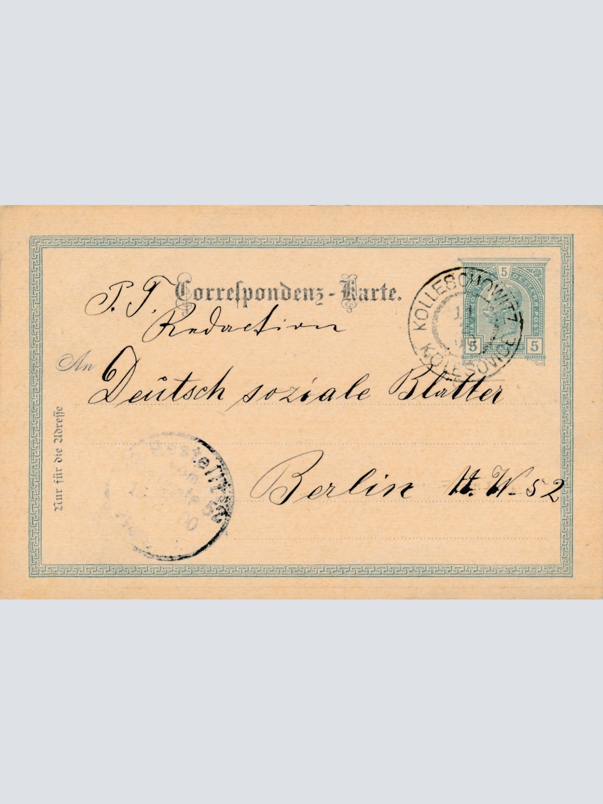 5 Heller Ganzsachen - Karte aus Kolleschwitz (16203)