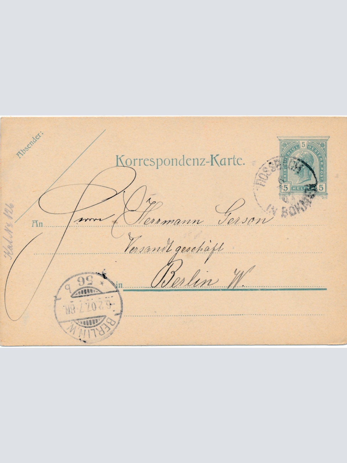 5 Heller Ganzsachen - Karte aus Rossbach (16289)