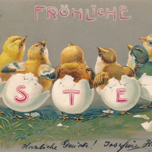 Präge - Glückwunschkarte Fröhliche Ostern Kücken mit Eierschalen (15981)