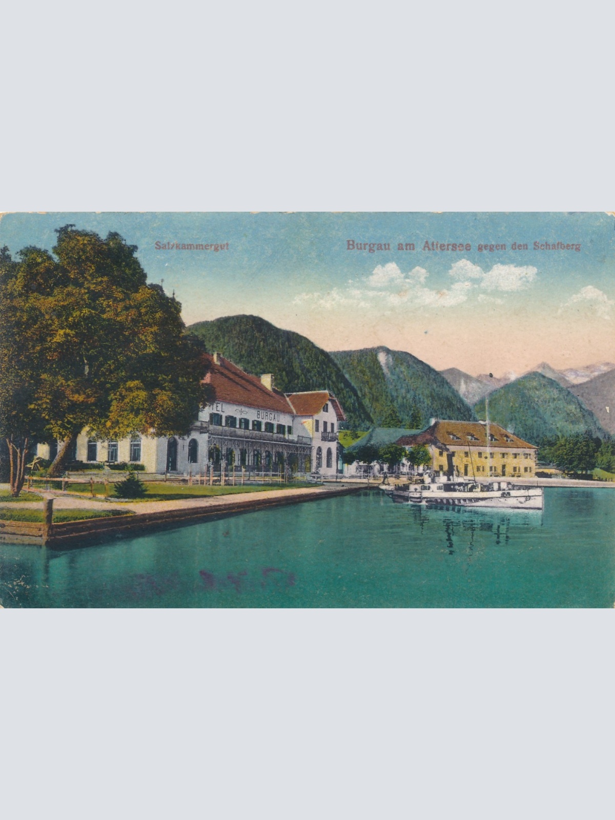 AK aus Burgau am Attersee gegen den Schafbe Oberösterreich Ansichtskarte (15340)