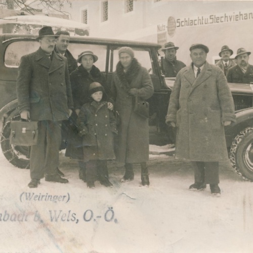 AK aus Leombach bei Wels Oldtimer Meschen Winter - Karte Ansichtskarte (15195)