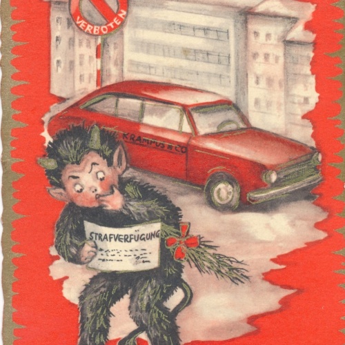 Glückwunschkarte Krampus mit Auto Ansichtskarte (15643)
