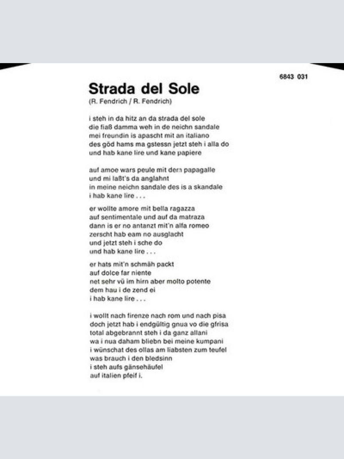 7", Single Rainhard Fendrich - Strada Del Sole