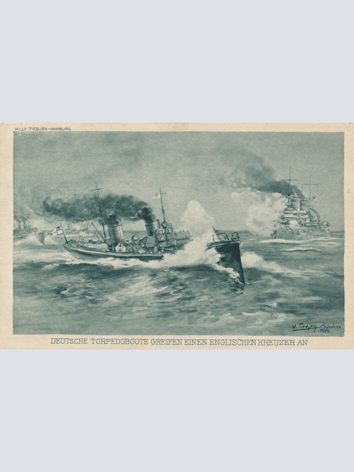 AK Deutsche Torpedoboote greifen Kreuzer an ,Schiffe Boote, (17054)