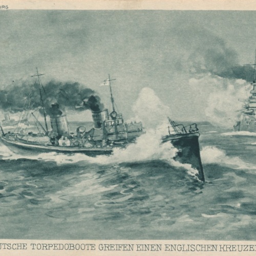 AK Deutsche Torpedoboote greifen Kreuzer an ,Schiffe Boote, (17054)