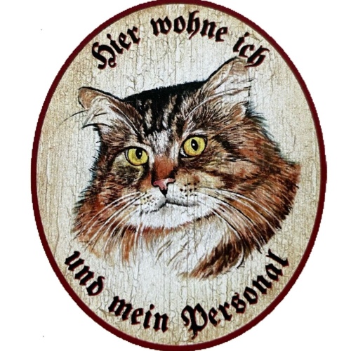 KuK Nostalgie Holzschild "Hier wohne ich und mein Personal“ Katze Sibirisch