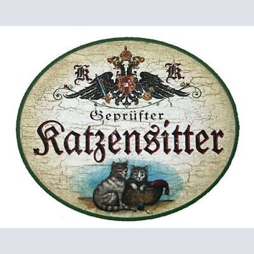 KuK Nostalgie Holzschild "Geprüfter Katzensitter" Duo Katze Tabby Getigert Korb