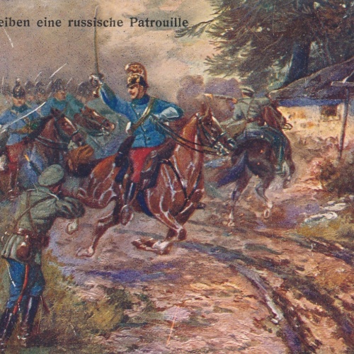 AK Militaria Ulanen vertreiben eine Russische Patrouille Ansichtskarte (18023)