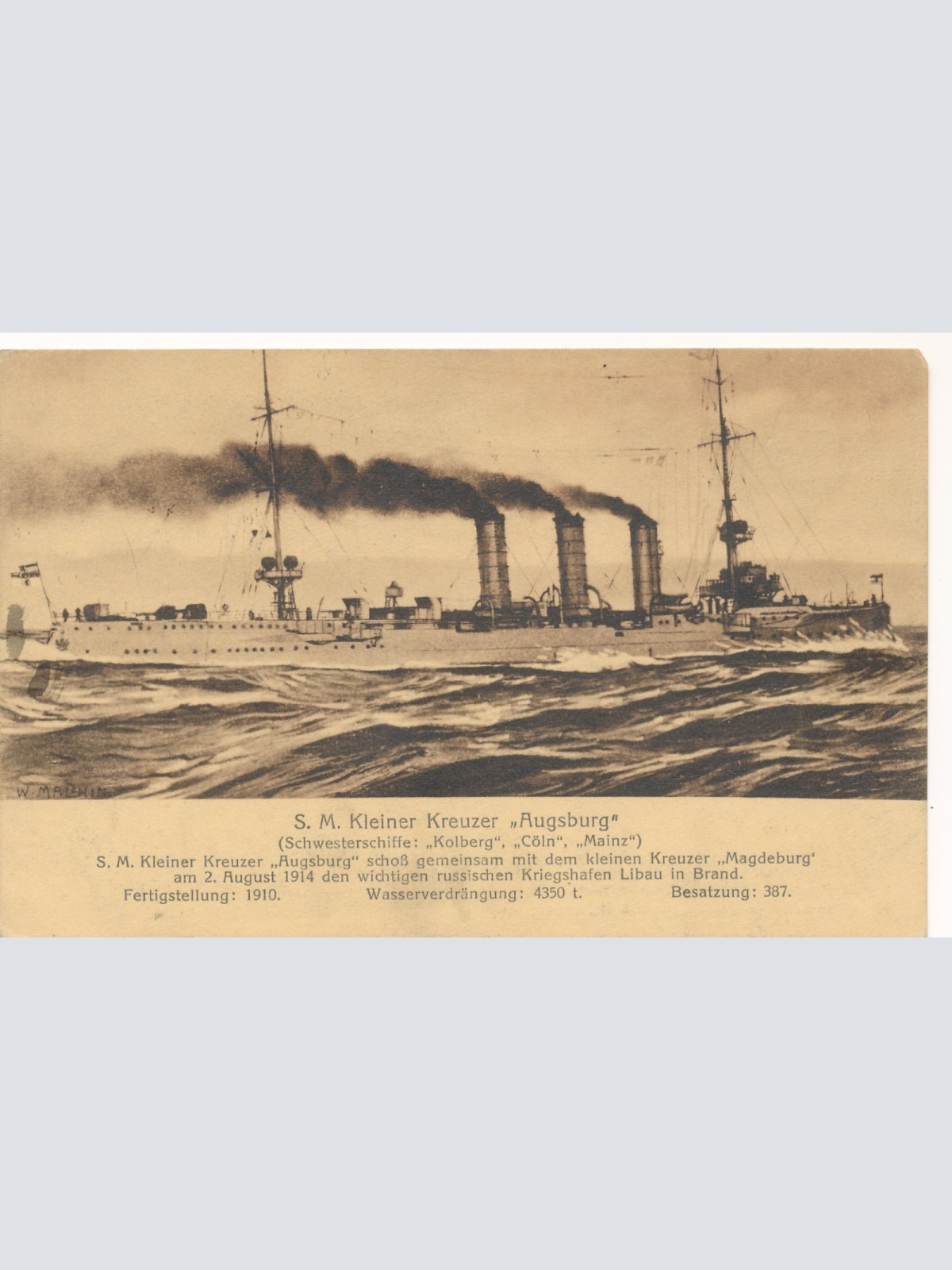 AK vom Dampfer S.M. kleiner Kreuzer Augsburg Ansichtskarte (18173)