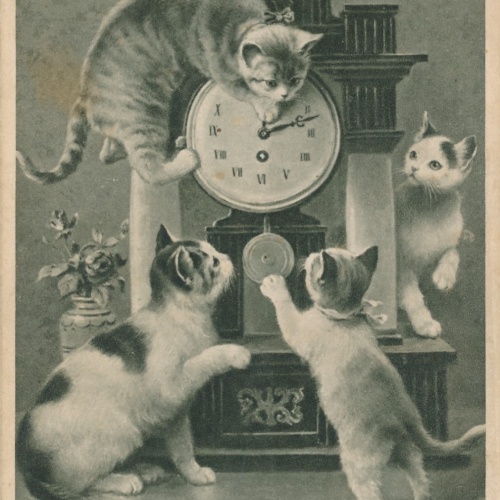 AK vier Katzen bei einer Uhr Ansichtskarte (18703)