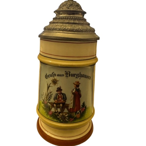 Gruß aus Bierkrug Burghausen  Zinndeckel Bodenbild 0,5 L ca. 21 cm um 1920