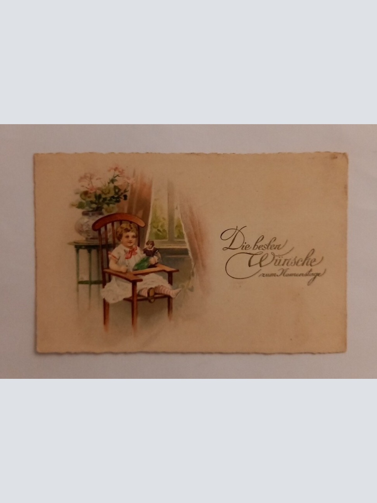 Grußkarte Die besten Wünsche zum Namenstage Mädchen mit Puppe 600661A gr