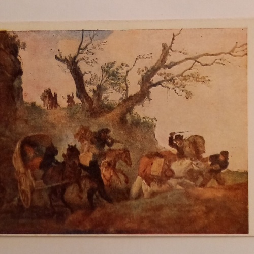 Künstlerkarte Zweirädriger gedeckter Wagen von Räubern überfallen 500147A gr D