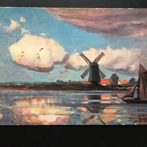 Küste mit Windmühle - Segelschiff - Strand Wolken - Künstlerkarte 908 TH