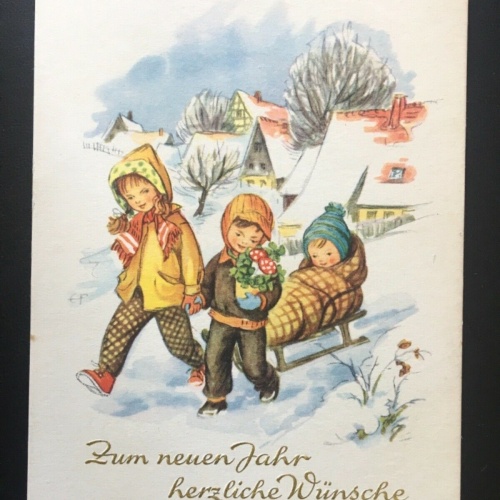 Zum neuen Jahr herzliche Wünsche - Kinder mit Schlitten - Winter 140402 TH