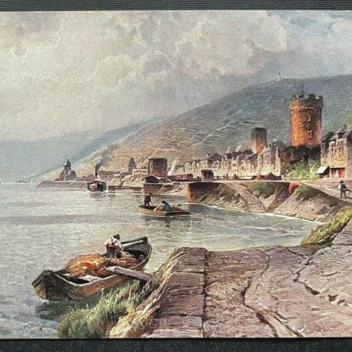 Rüdesheim Rhein Ufer Boot Turm Stadt Gebäude Berg Hessen Deutschland 410129 TH D