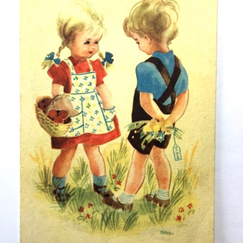 Junge und Mädchen - Blumenstrauß - Künstlerkarte 30090 TH