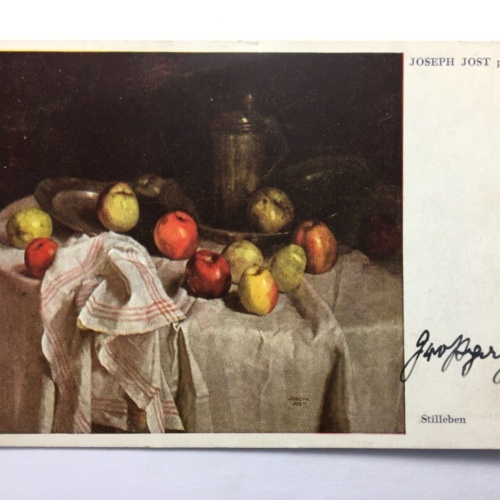 Stilleben (Joseph Jost) - Äpfel und Teller auf Esstisch - Künstlerkarte 30157 TH