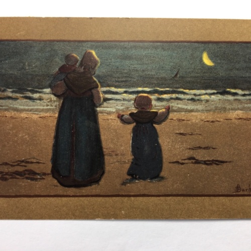 Frau mit Kinder am Strand bei Halbmond (S. Barham) - Künstlerkarte 30166 TH