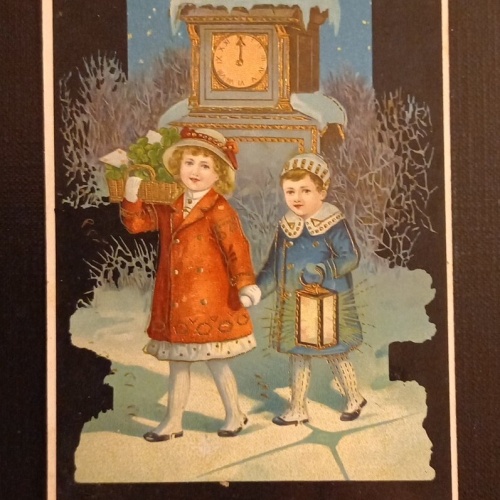 Frohes Neujahr Zwei Mädchen Mit Klee Und Laterne Prägekarte 600762A Ga G