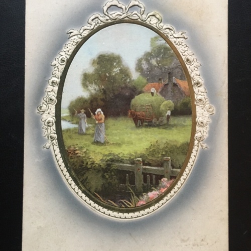 Feldarbeiter mit Rechen - Heuwagen - Spiegelform - Präge/Künstlerkarte 180127 TH