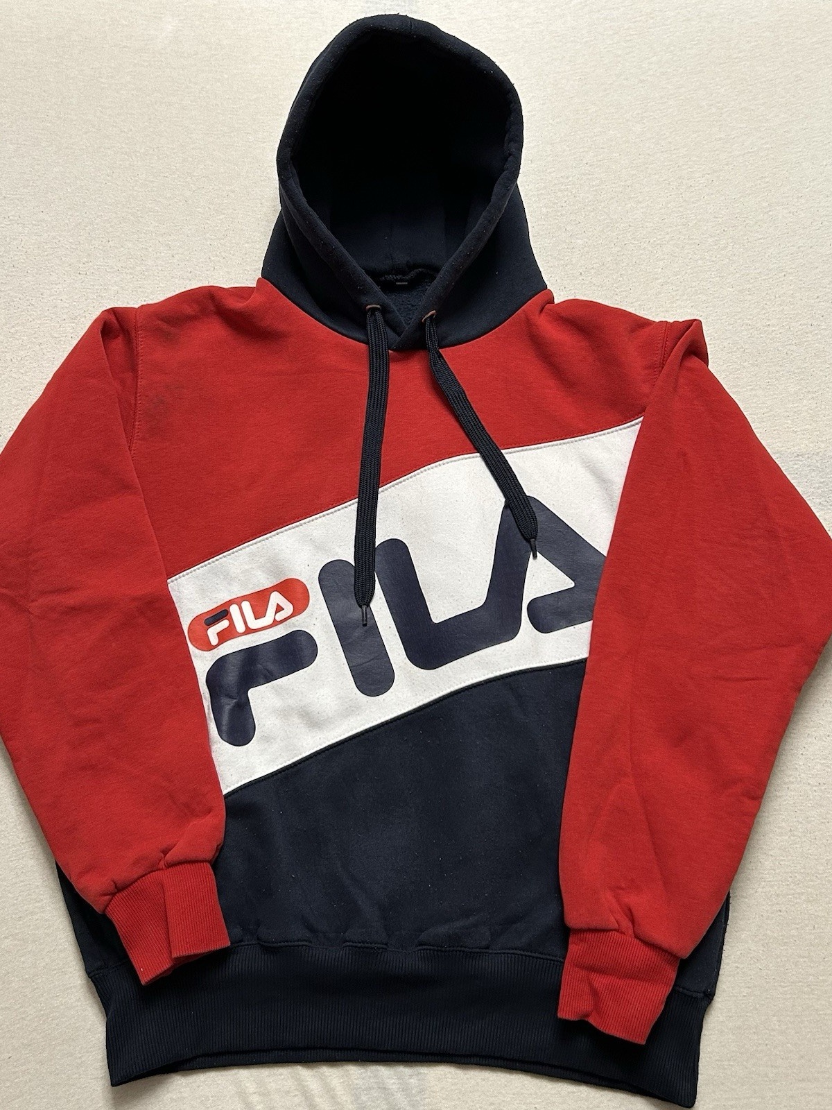 FILA Vintage Hoodie Kapuzenpullover Rot Schwarz Herren Größe M Maße auf Fotos