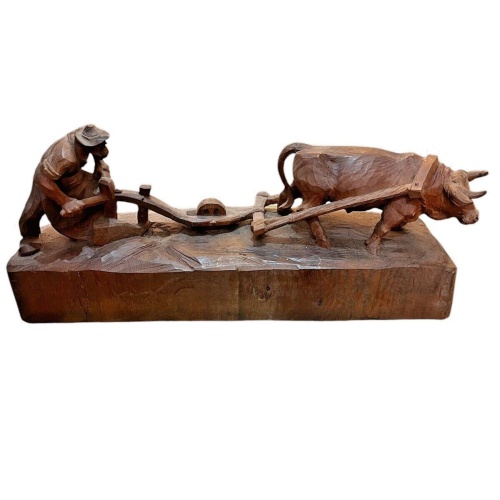 Holzschnitzerei Bauer mit Holzfuhrwerk um 1940  R0024